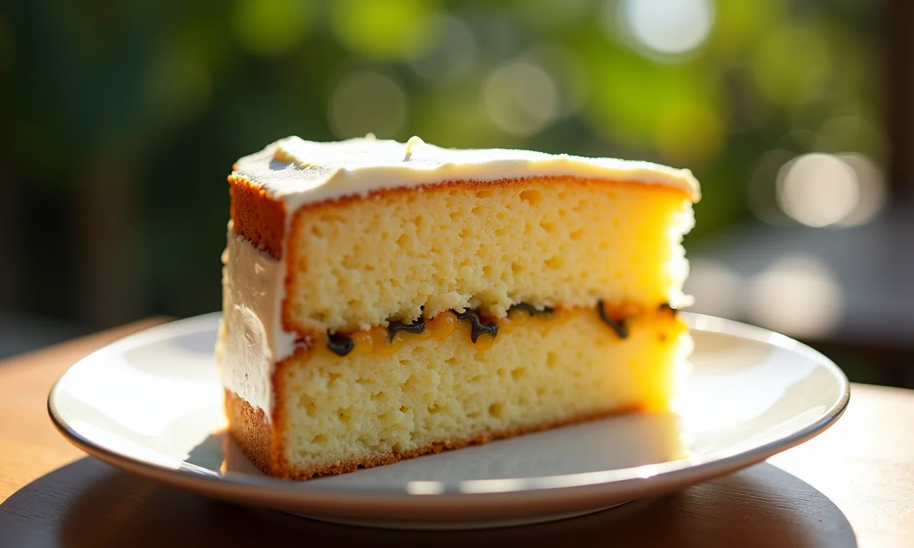 Fatia de bolo de maracujá fofinho em um prato com decoração vibrante.