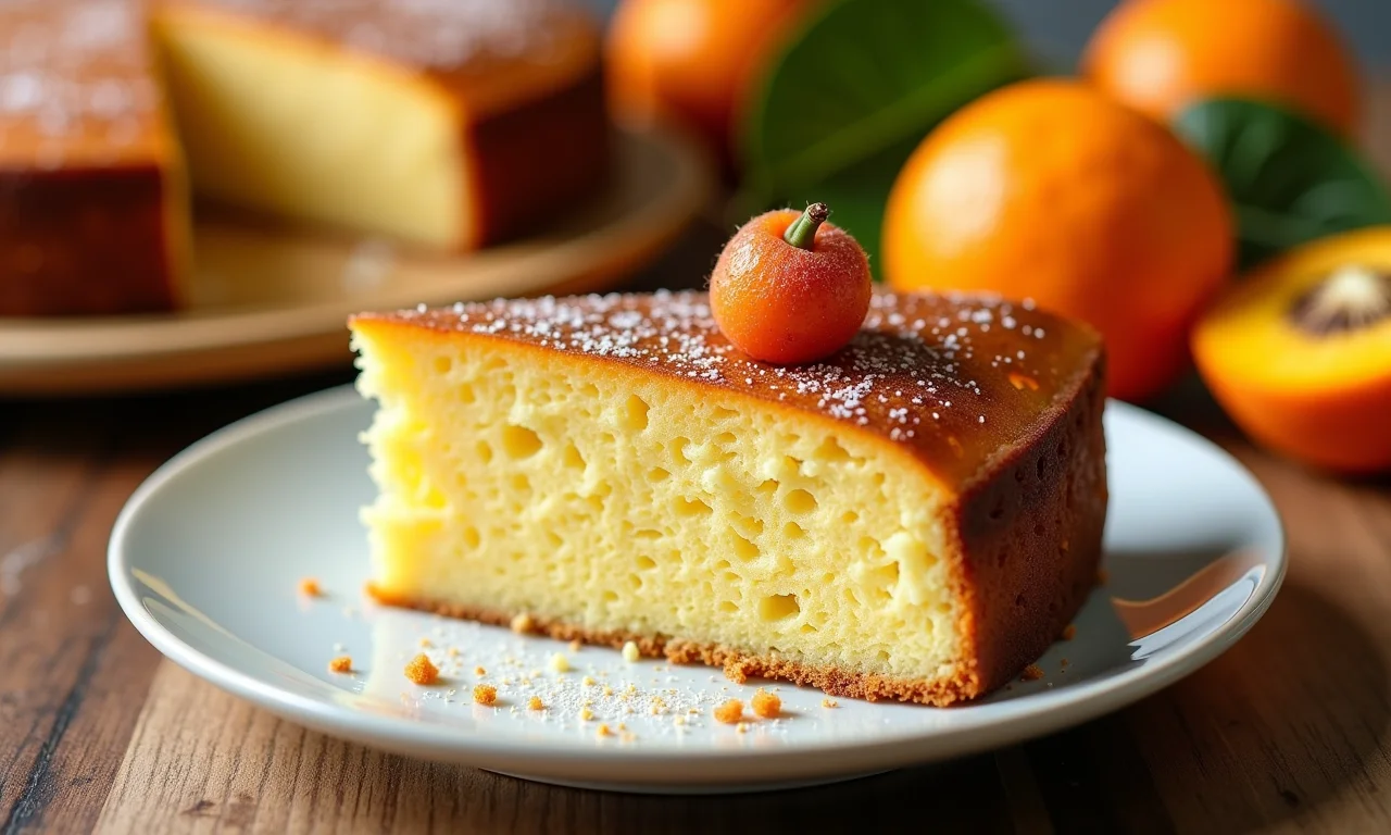 Fatia de bolo de oiti decorada com frutas.