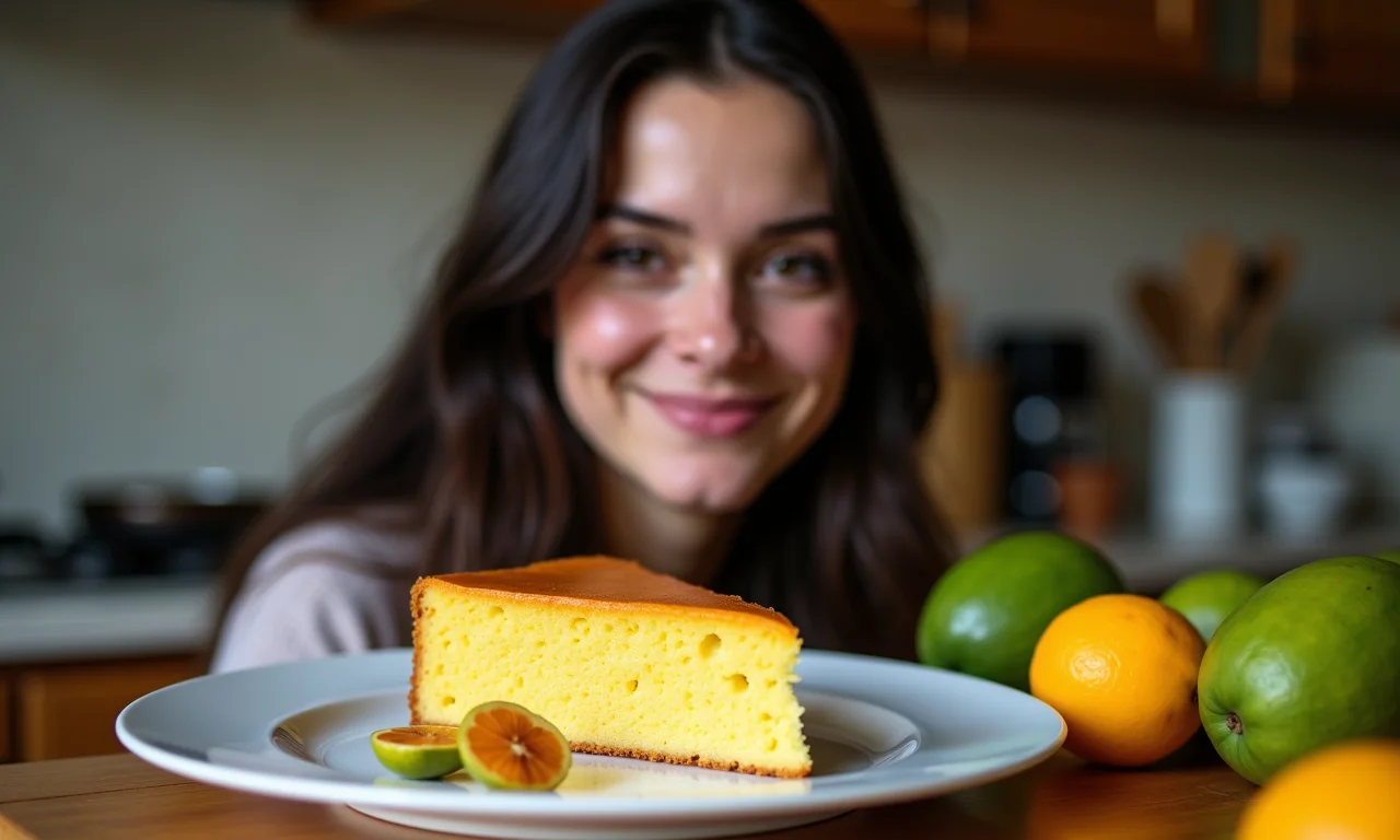 Fatia de bolo de pitanga caseiro em um prato, com pitangas frescas ao redor.