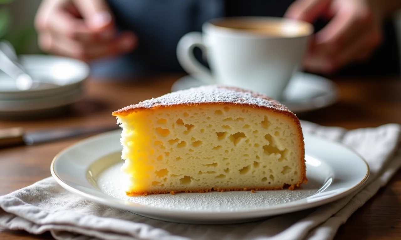 Fatia de bolo de sapoti fofinho em um prato, com xícara de café.
