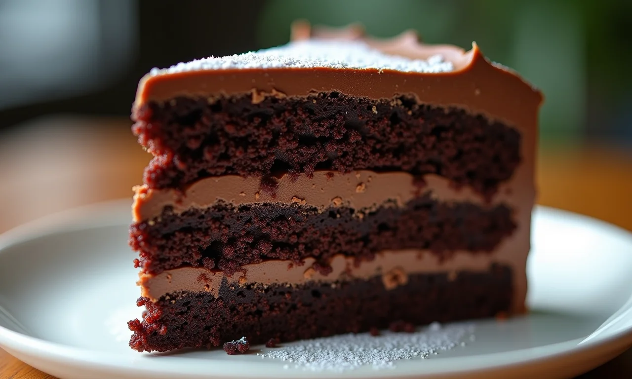 Fatia de bolo prestígio com massa de chocolate fofinha.