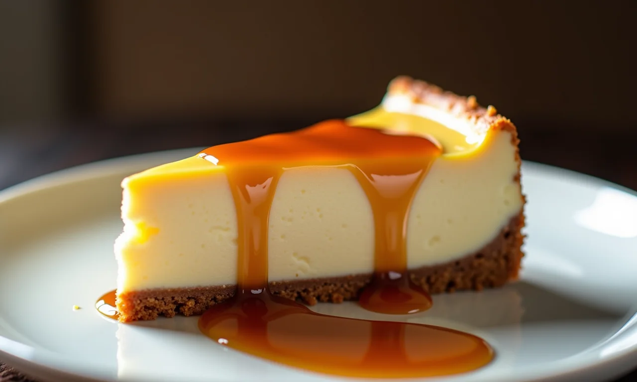 Fatia de cheesecake de cupuaçu com calda de cupuaçu, apresentação elegante.