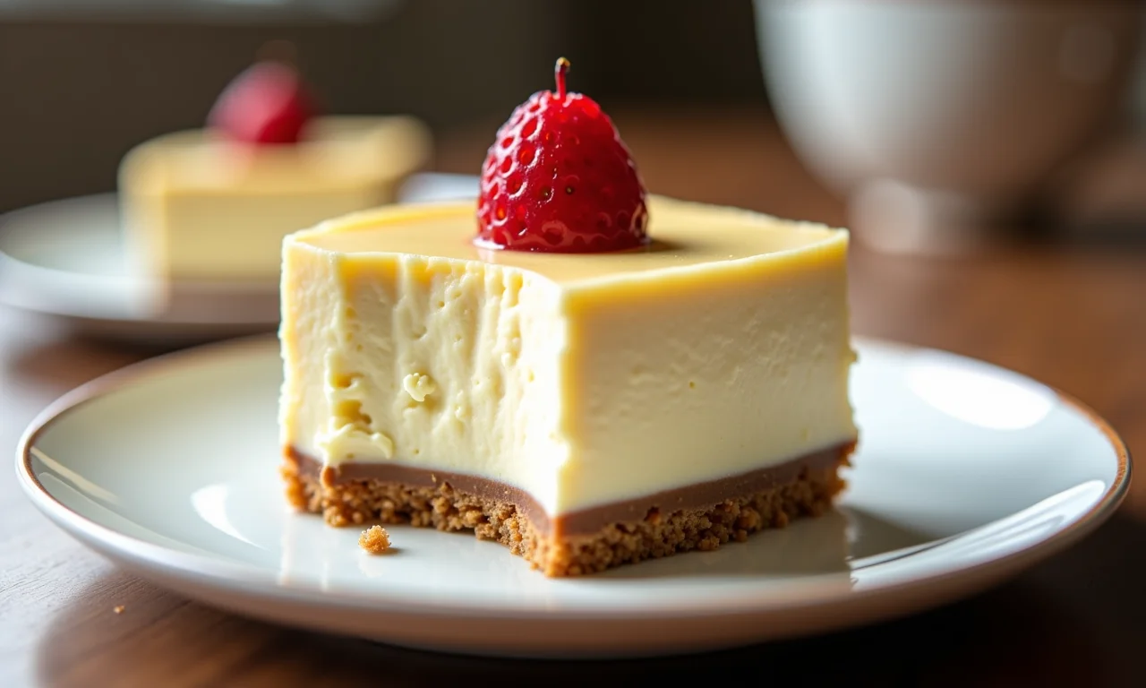 Fatia de mousse de ninho cremosa em um prato, destacando a textura.