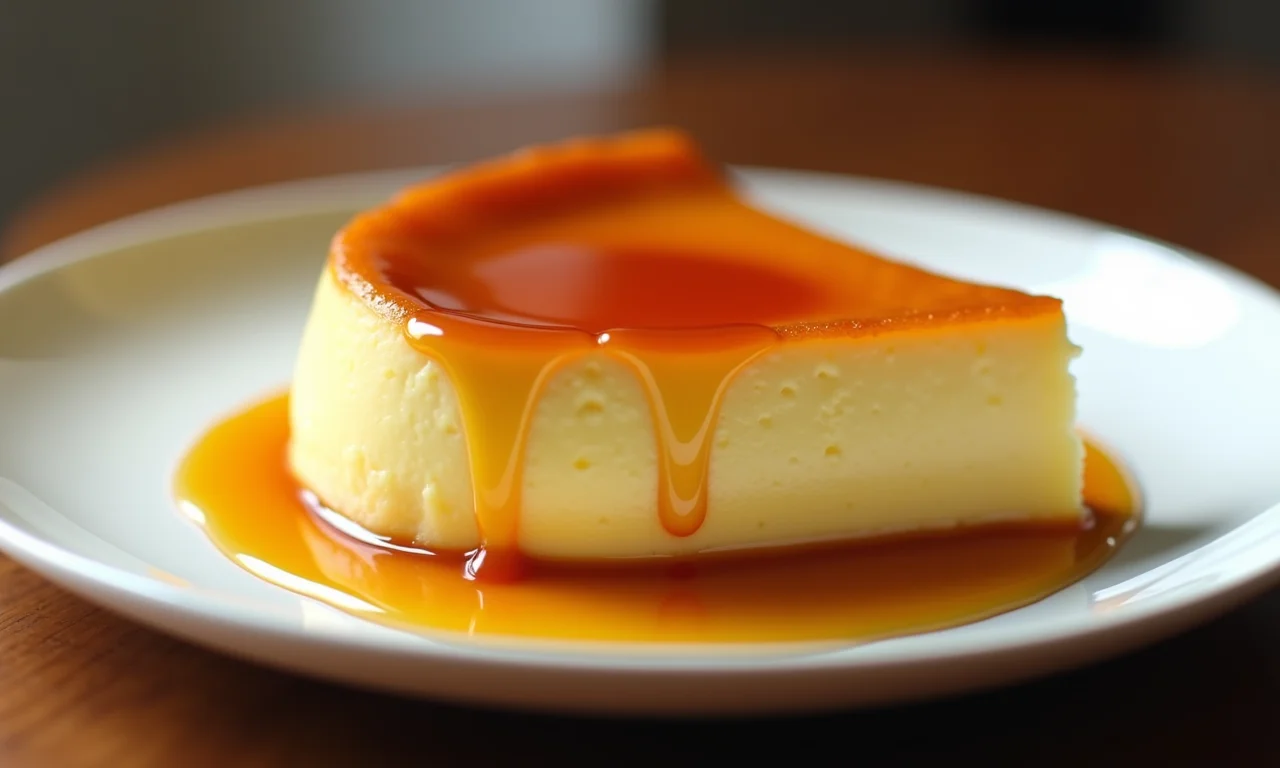 Fatia de pudim de leite condensado com calda caramelizada.