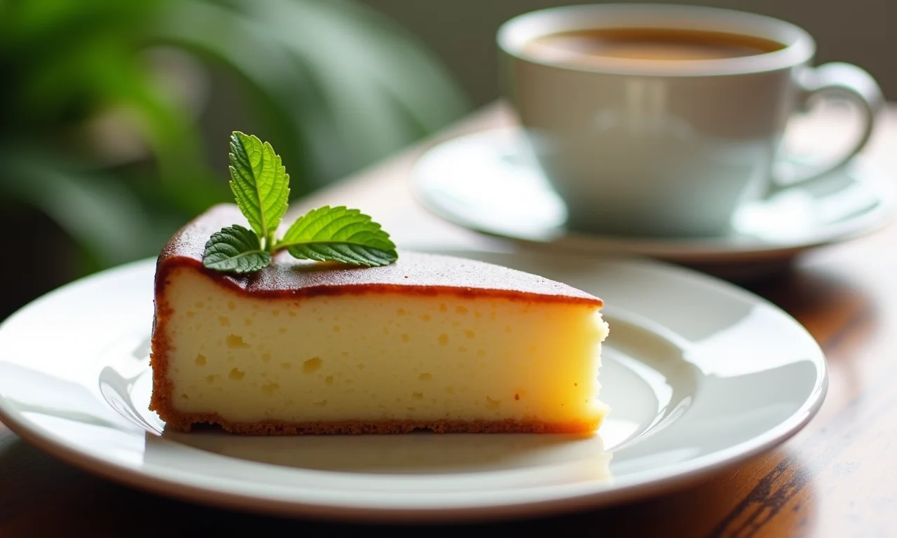 Fatia de torta Charlotte com hortelã e café.