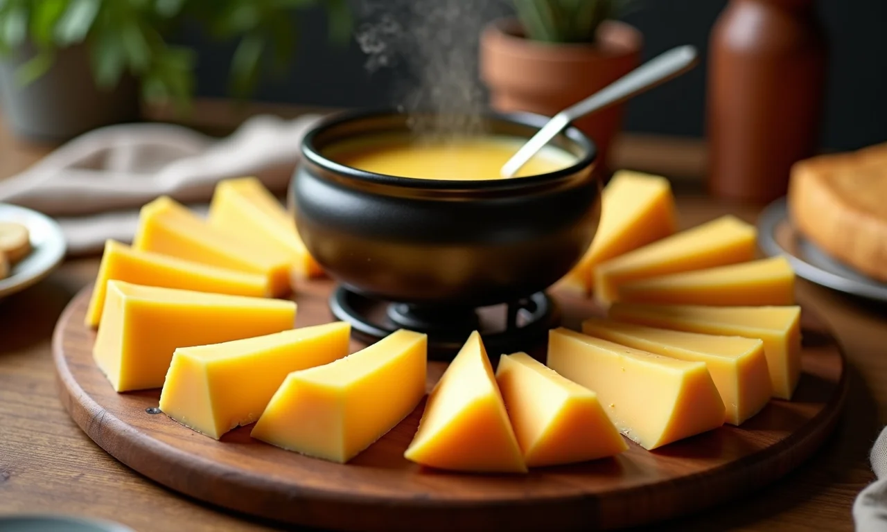 Fatias de queijo Gouda ao redor de um fondue.