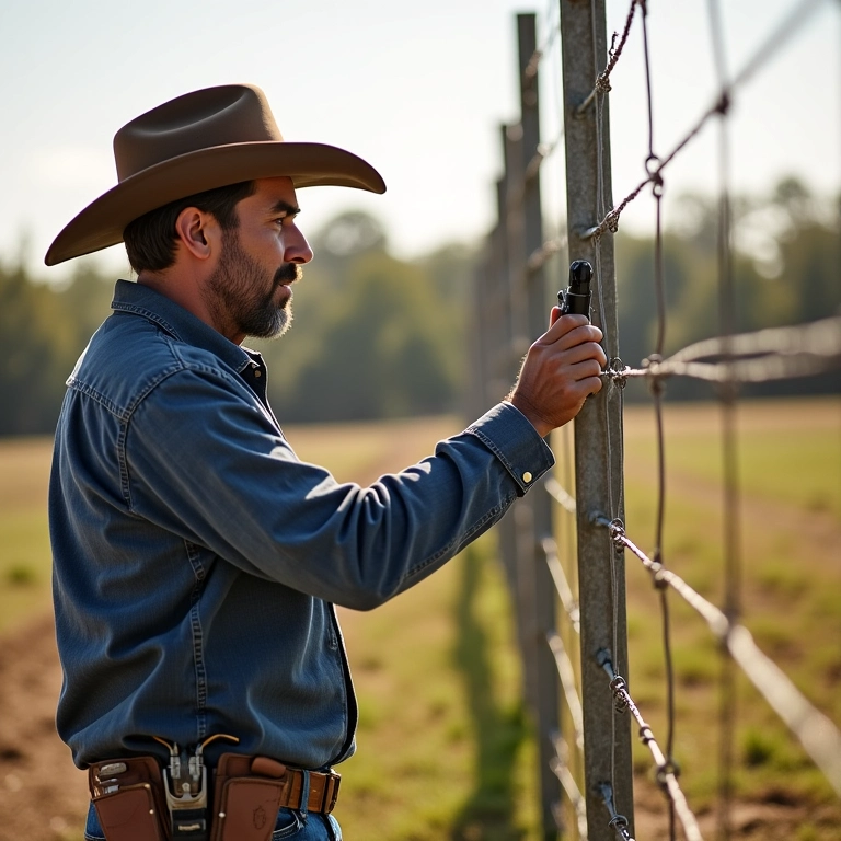 Fazendeiro experiente ajustando a cerca elétrica.
