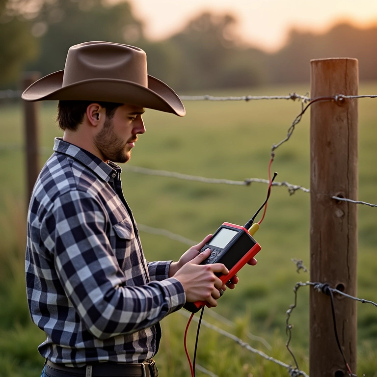 Fazendeiro testando a voltagem da cerca elétrica.