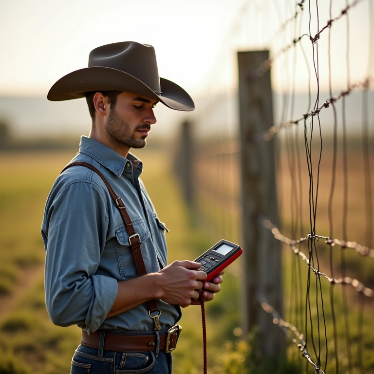 Fazendeiro verificando o funcionamento da cerca elétrica.