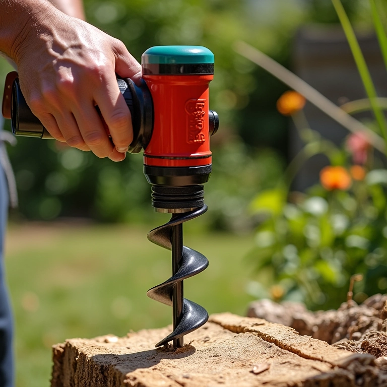 Fazendo um furo em madeira com trado manual no quintal.