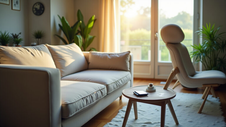 Impermeabilização de sofá sendo realizada em sala de estar.