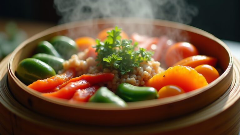 Legumes frescos e coloridos cozinhando no vapor.