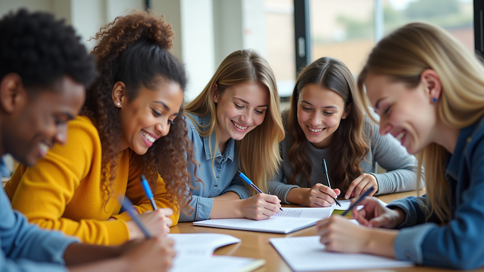 Estudantes colaborando na escrita de um texto dissertativo.