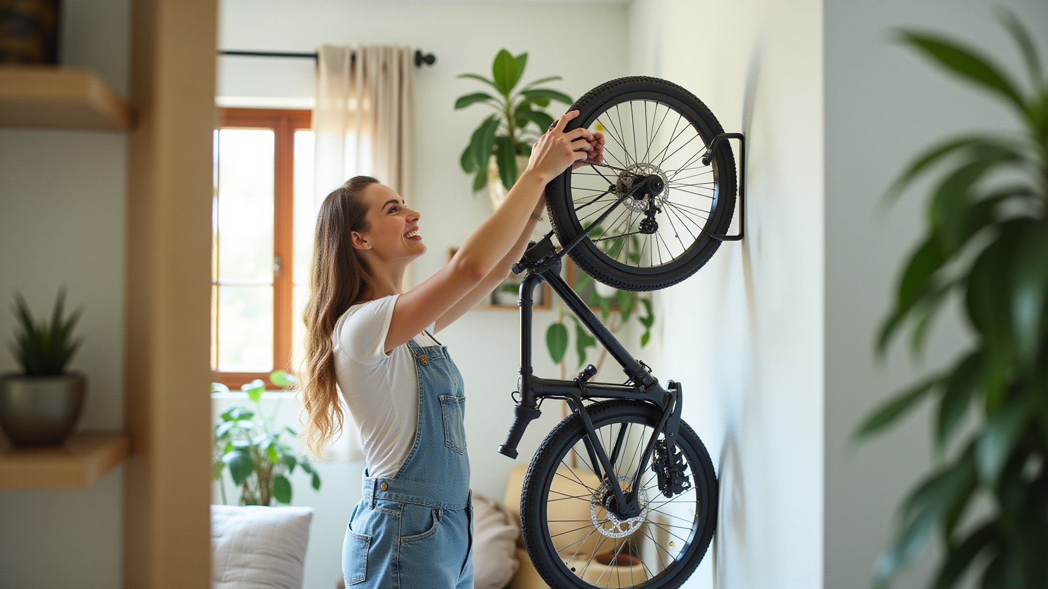 Mulher sorrindo pendura bicicleta na parede com suporte estiloso.