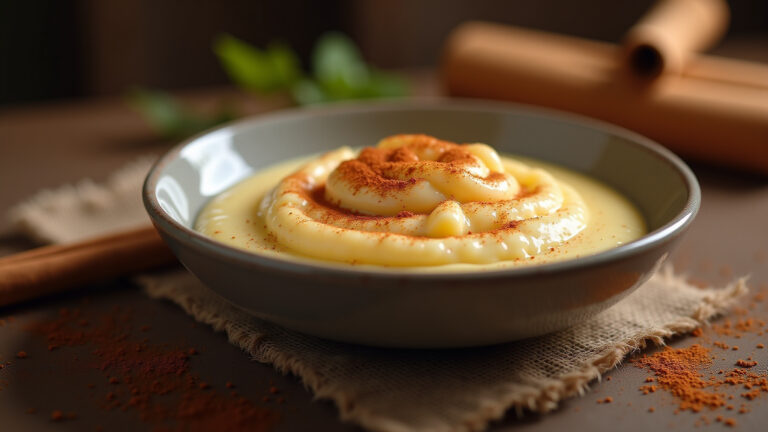 Arroz doce cremoso com canela em cozinha rústica brasileira.