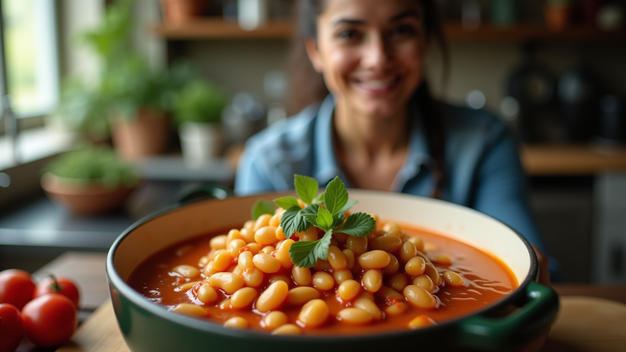 Sopa de macarrão com feijão fumegante, preparada por uma brasileira sorrindo.