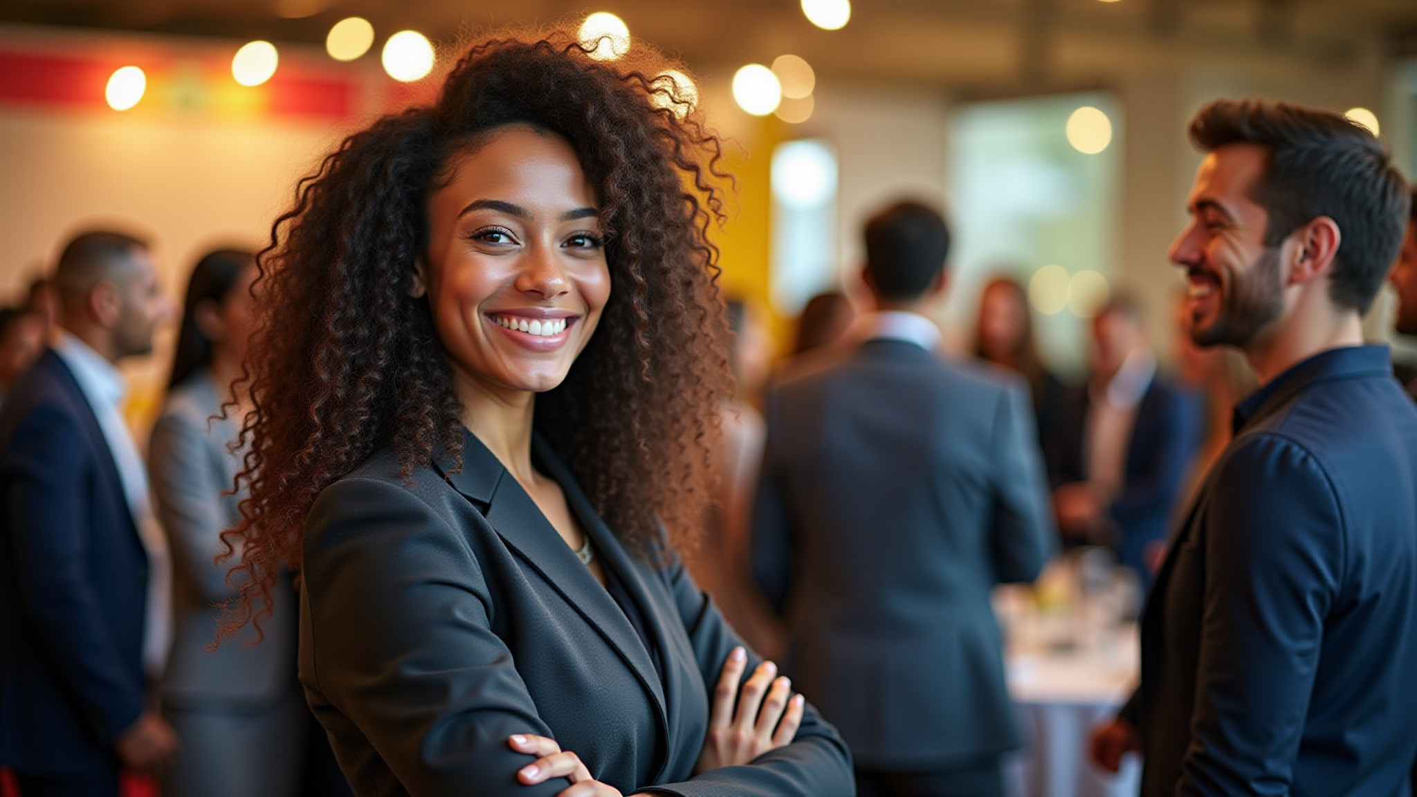 Mulher confiante se apresentando em evento de networking.