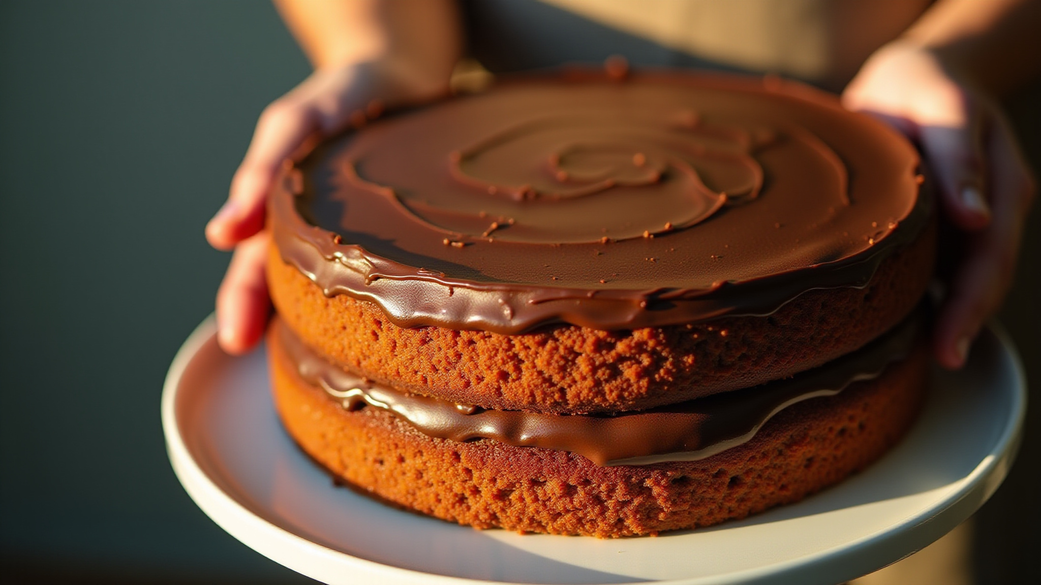 Bolo de cenoura com cobertura de chocolate apetitoso.