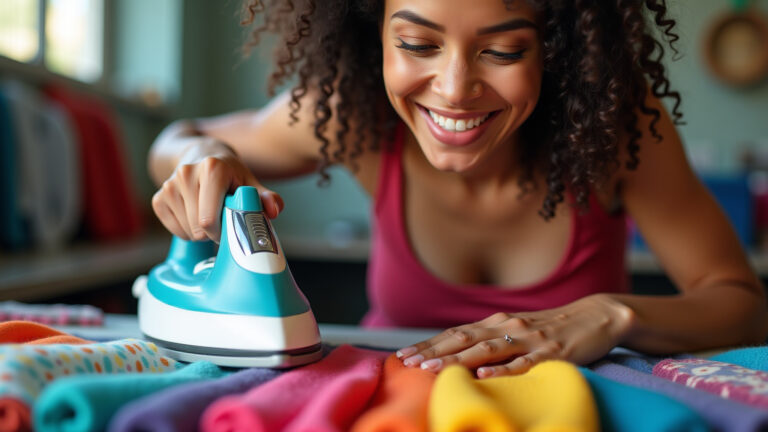Mulher sorrindo termocolando tecido colorido.