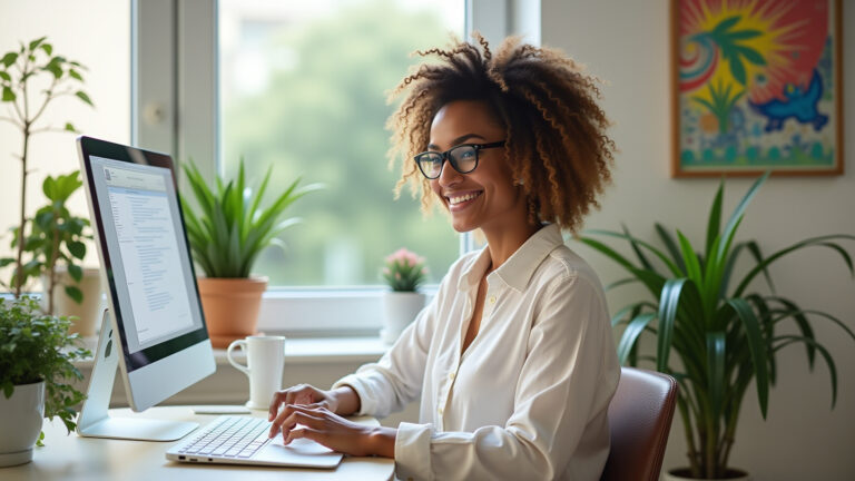 Mulher organizando informações em um escritório moderno e iluminado.