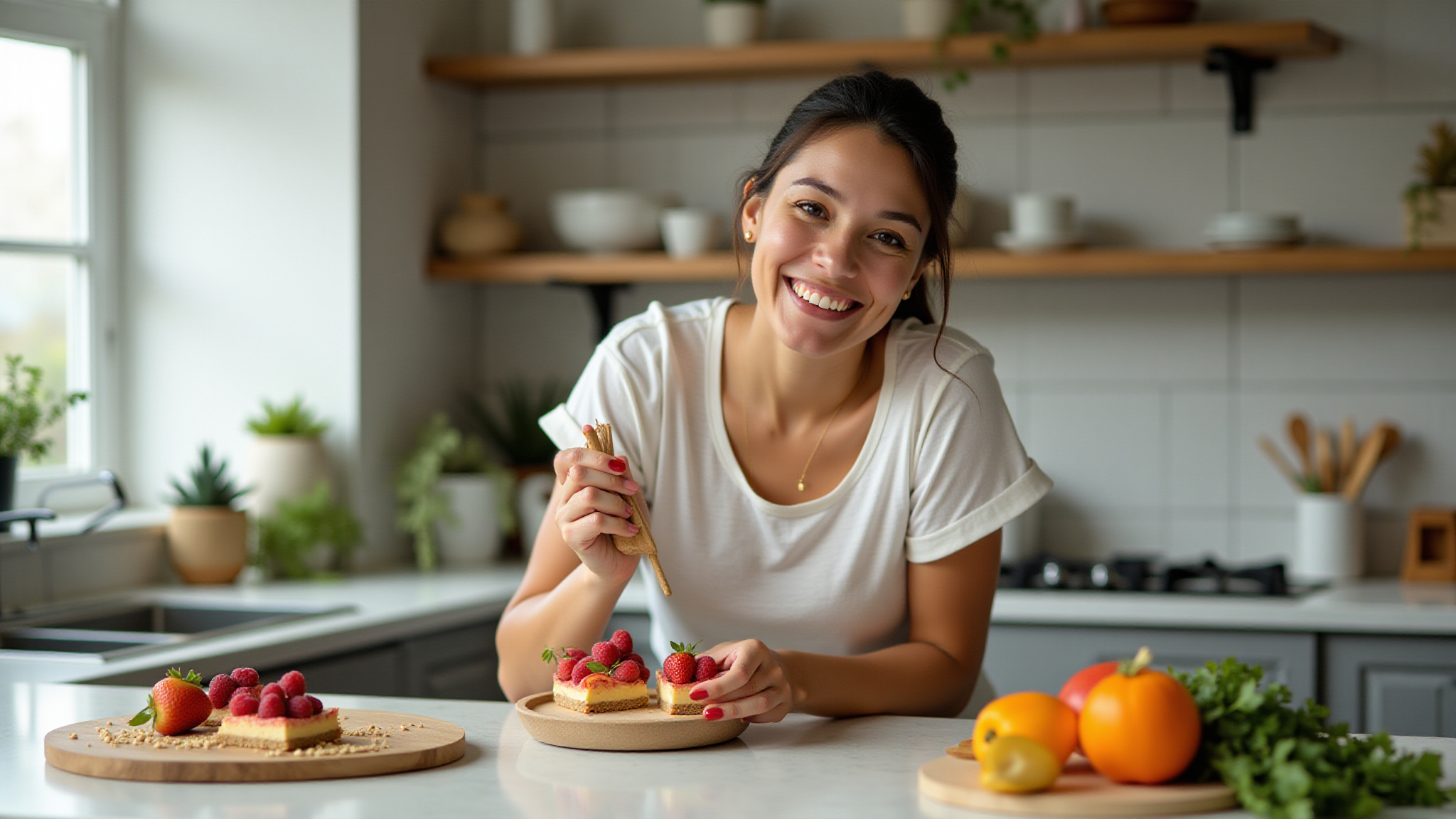 Mulher sorrindo preparando doce fitness em cozinha ensolarada.