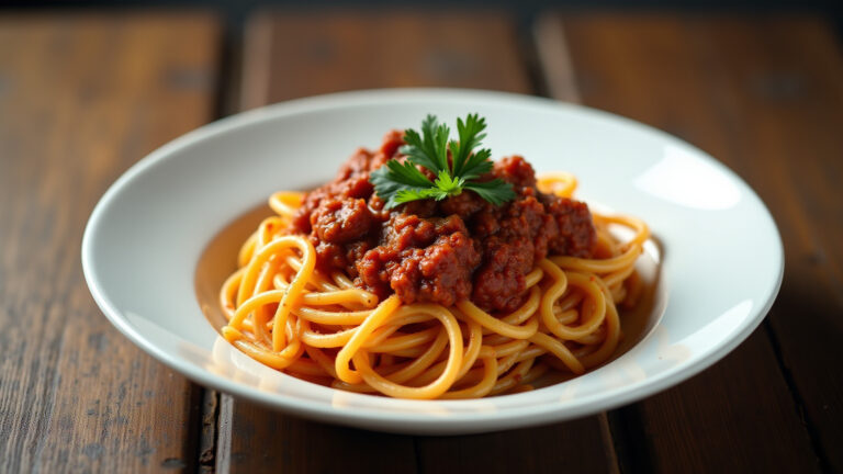 Macarrão com molho de carne moída caseiro e apetitoso.