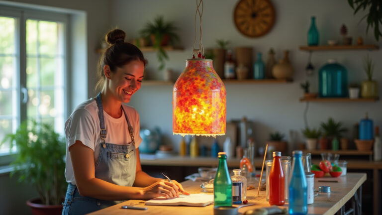 Mulher criando pendente estiloso com garrafas PET recicladas.
