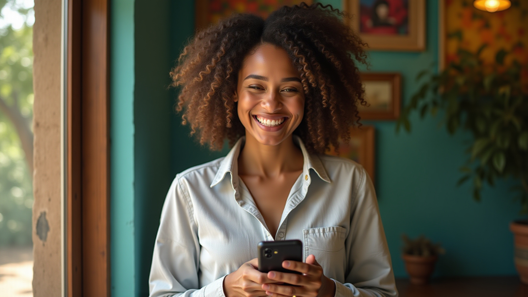 Mulher sorrindo fazendo backup do Samsung J5 com decoração brasileira vibrante.