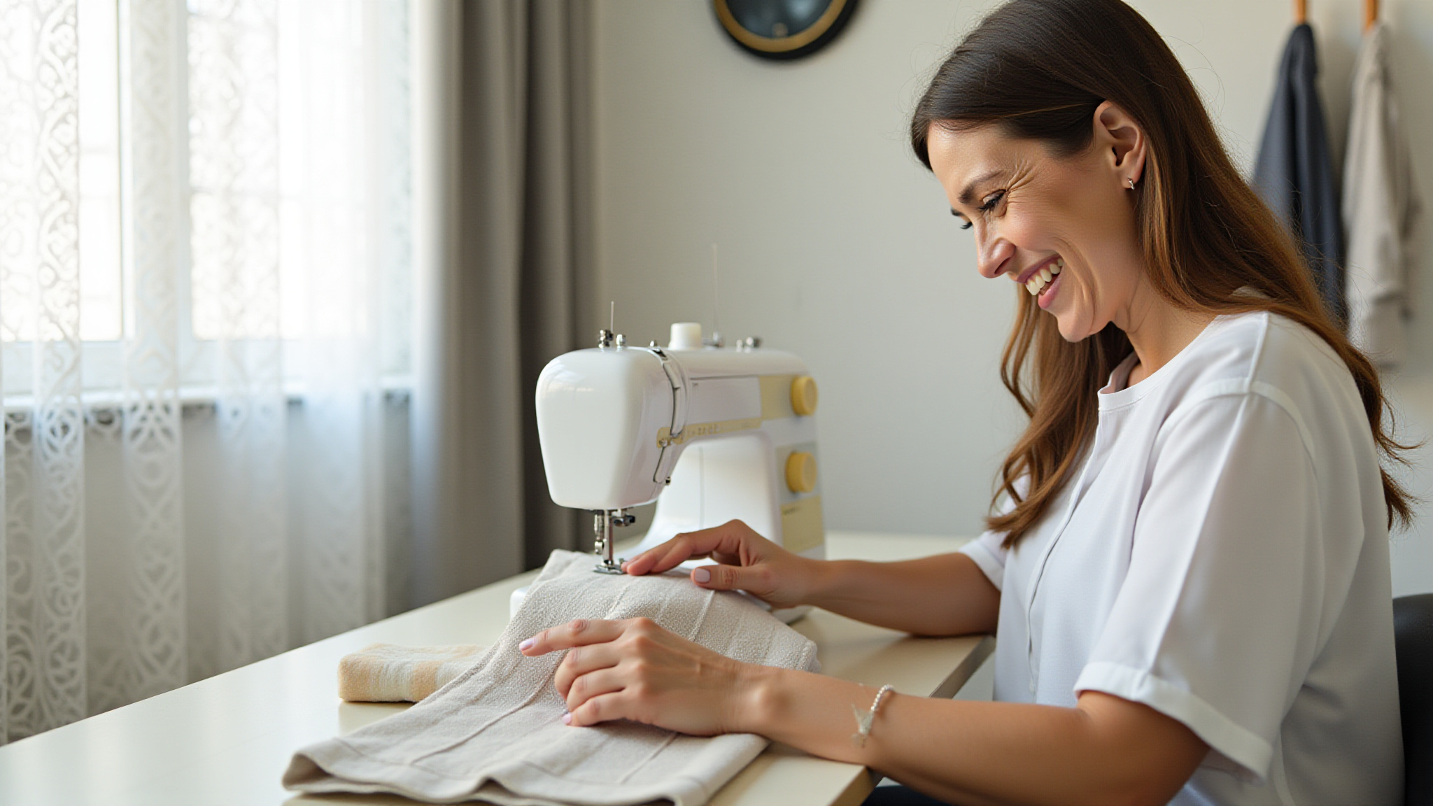 Mulher sorrindo costurando cortina blecaute em casa.