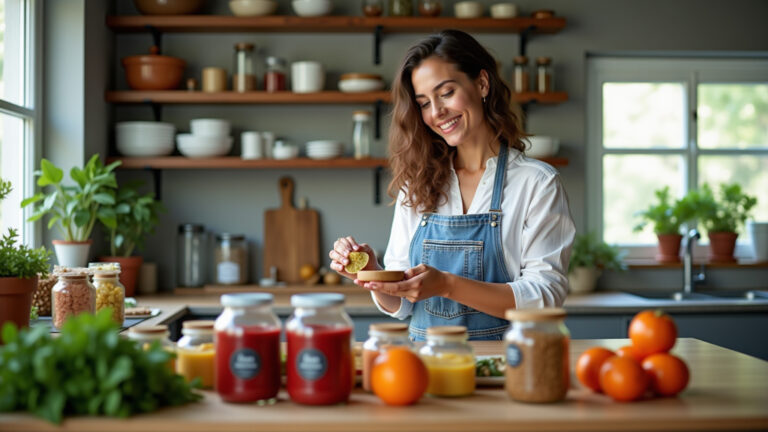 Mulher sorrindo organiza potes etiquetados na cozinha.
