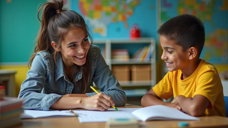 Tutor ensinando Teorema de Pitágoras em sala de aula vibrante.