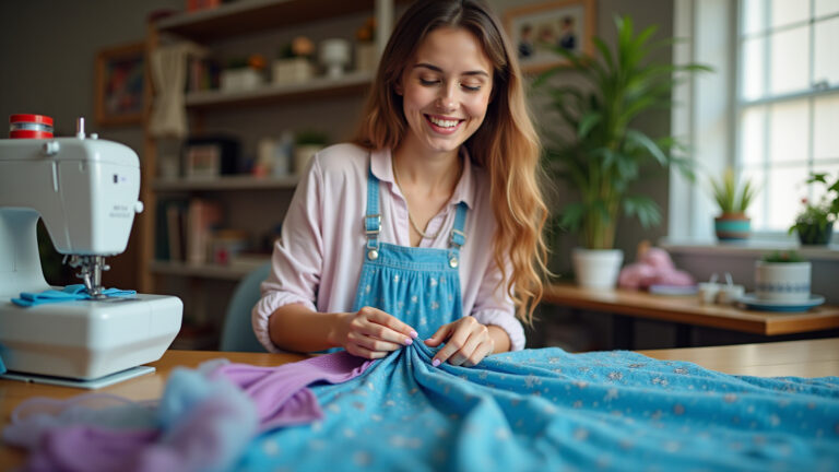 Mulher costurando um vestido da Frozen.