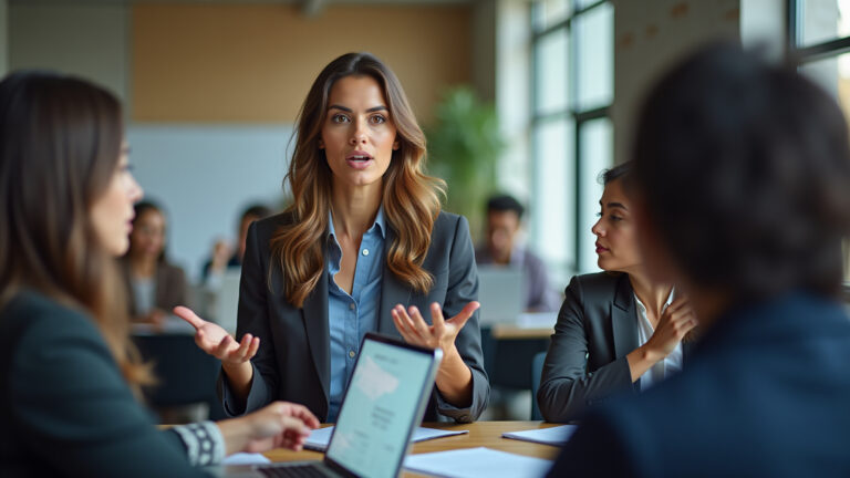Mulher de negócios brasileira defendendo suas ideias com confiança em uma reunião.