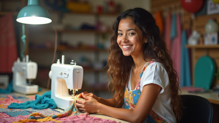 Mulher sorrindo costurando vestido de festa junina infantil colorido.
