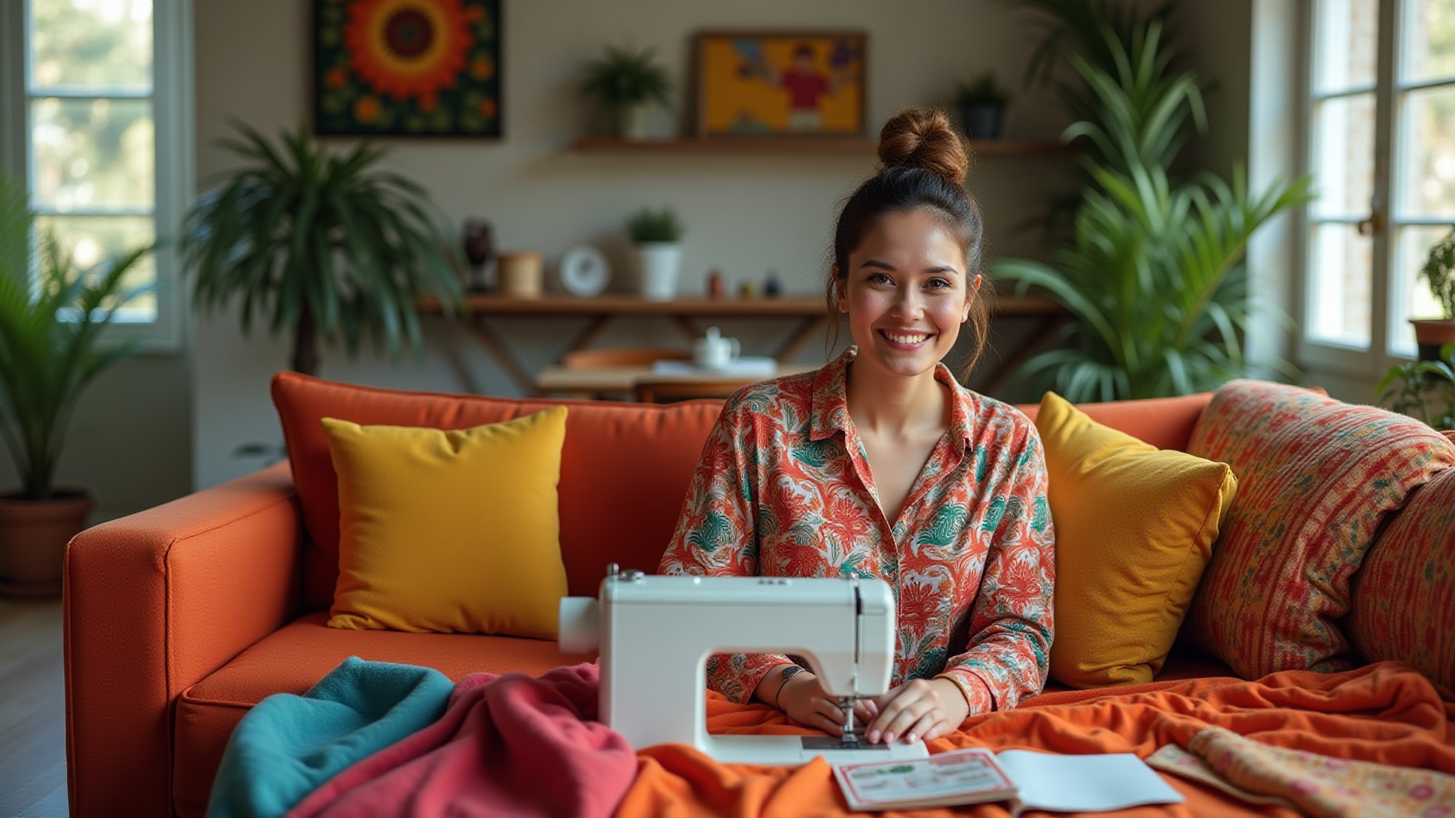 Mulher sorrindo costurando capa de sofá colorida.
