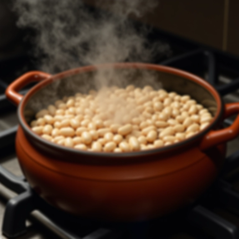 Feijão branco cozinhando em uma panela de barro.