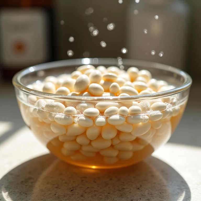 Feijão branco de molho em uma tigela de vidro.