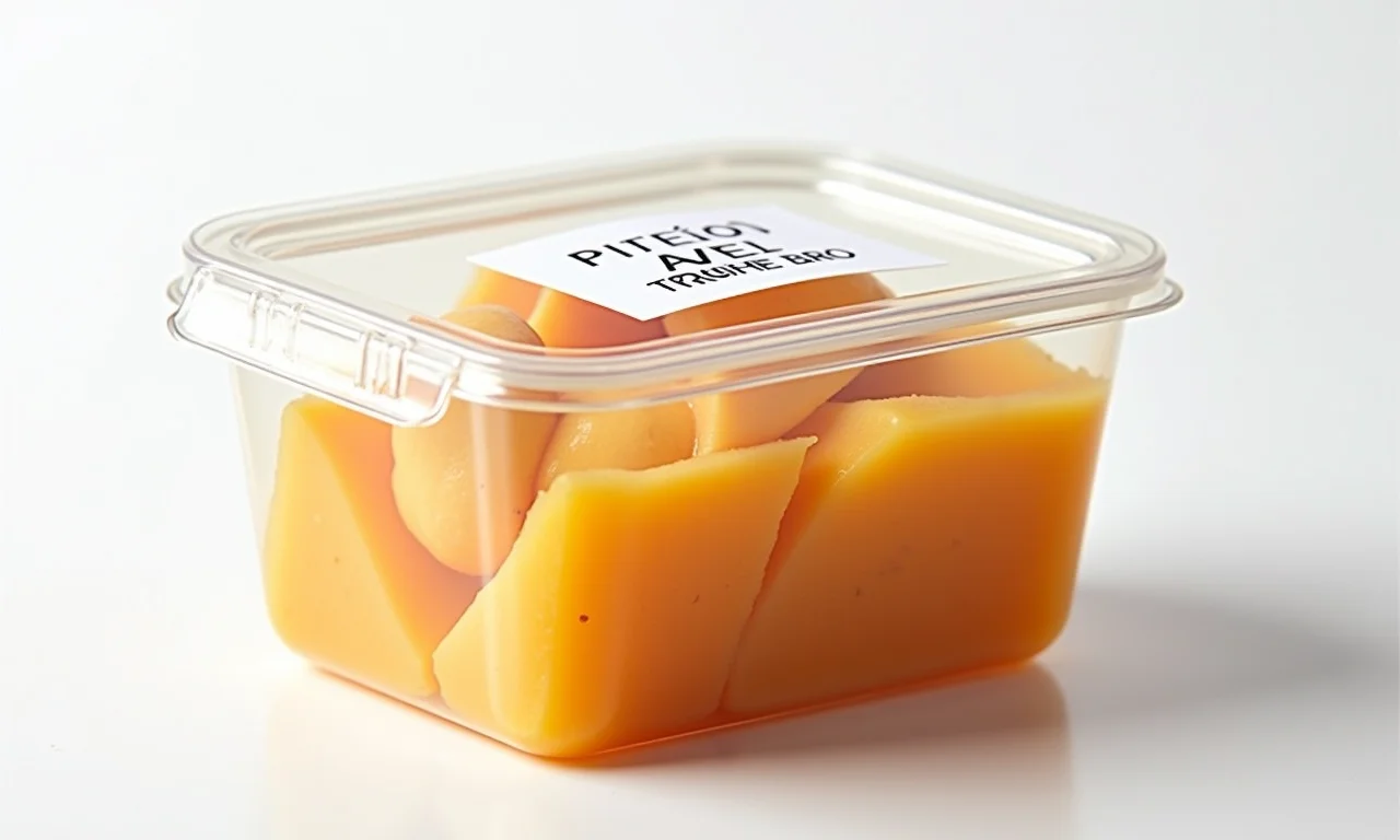 Feijão tropeiro congelado em um recipiente com etiqueta.