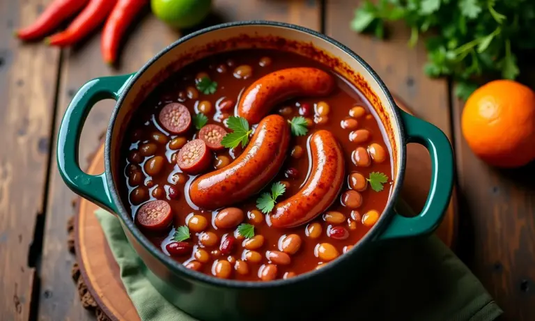 Feijoada fumegante em panela de barro, ingredientes frescos ao redor.