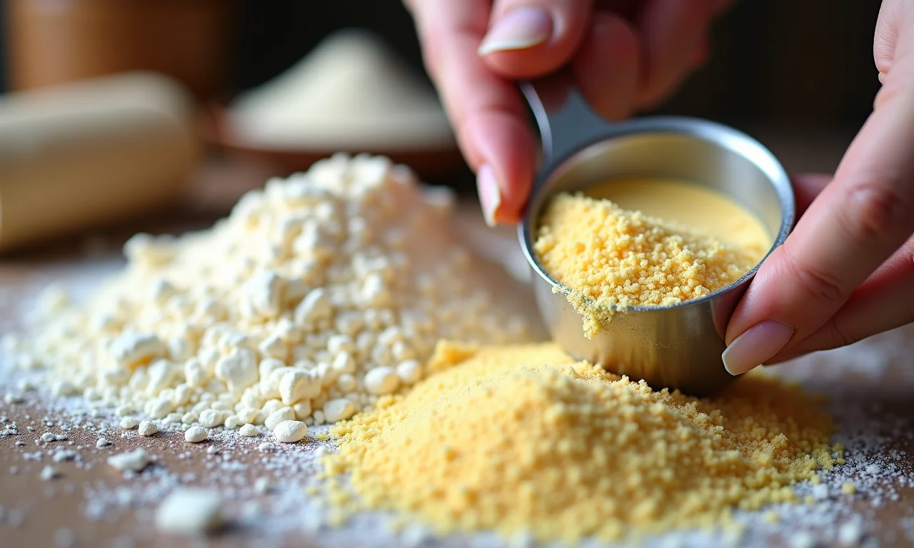 Fermento biológico fresco ou seco sendo medido para a focaccia.