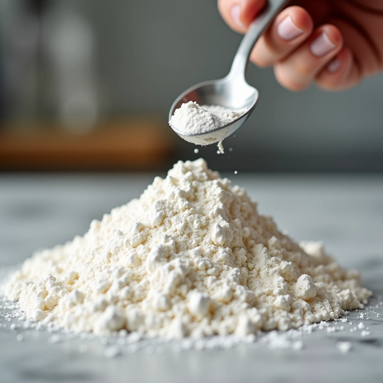 Fermento em pó Royal sendo medido com uma colher, cozinha organizada.