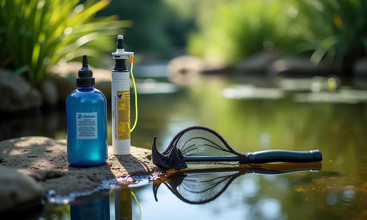 Ferramentas de manutenção para laguinhos: rede, skimmer e kit de teste de água.