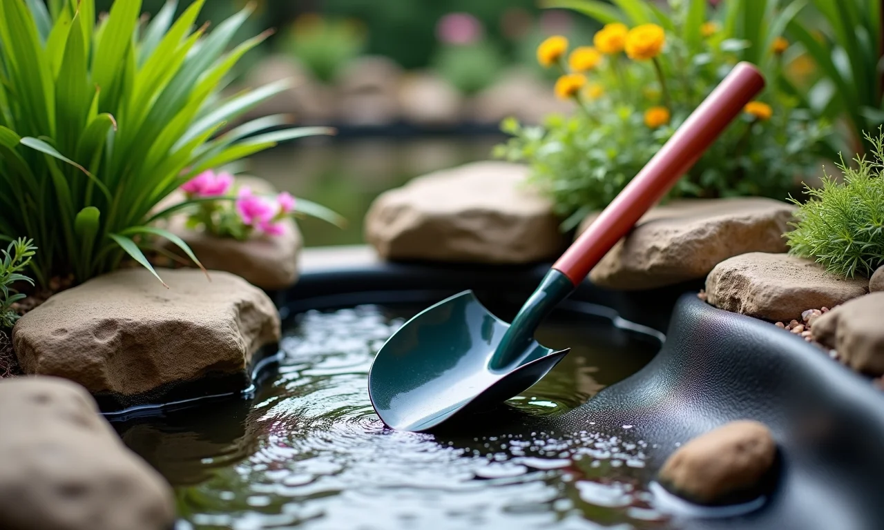 Ferramentas e materiais essenciais para a construção de um laguinho ornamental.