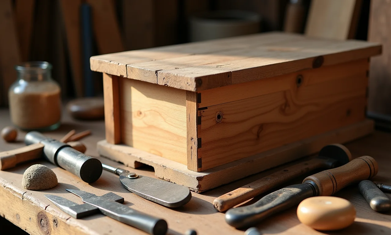 Ferramentas e materiais essenciais para construir um baú de madeira reciclada.