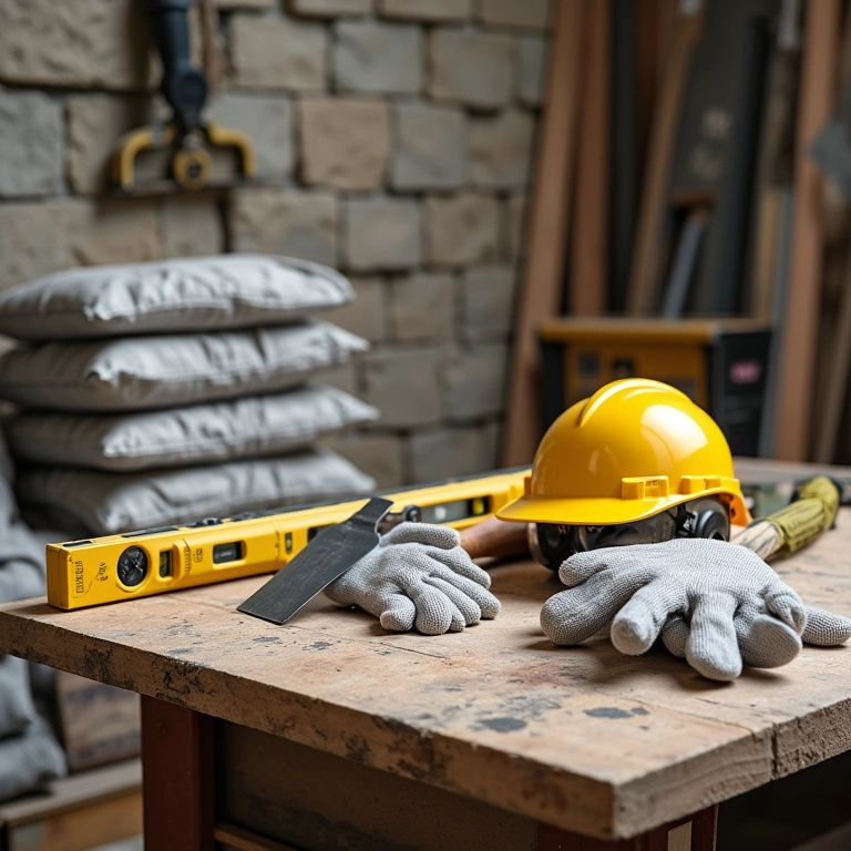 Ferramentas e materiais essenciais para construir uma parede de pedra, organizados e prontos para uso.