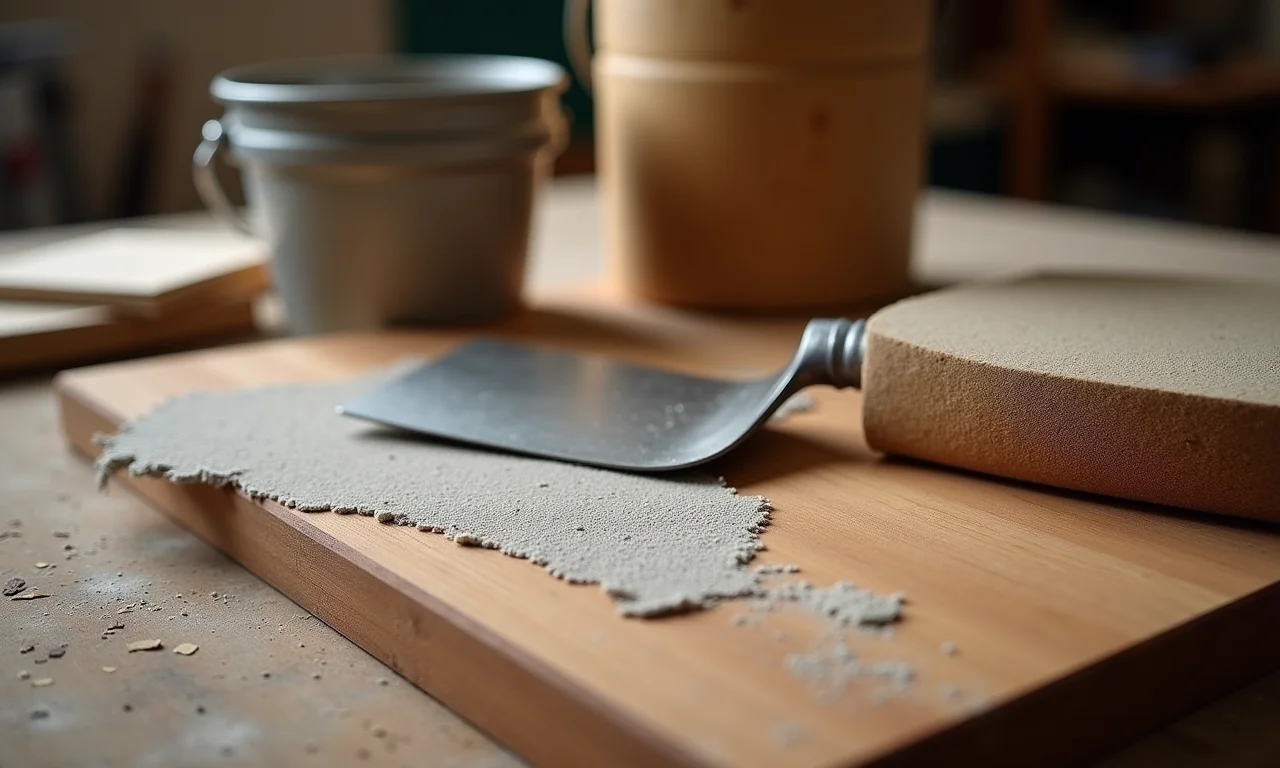 Ferramentas e materiais necessários para aplicar grafiato, incluindo desempenadeira e lixa.