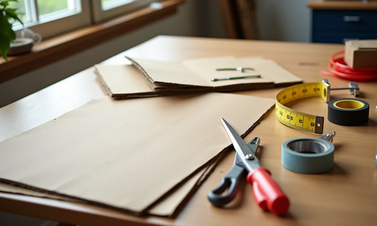 Ferramentas e materiais para fazer uma cadeira de papelão.