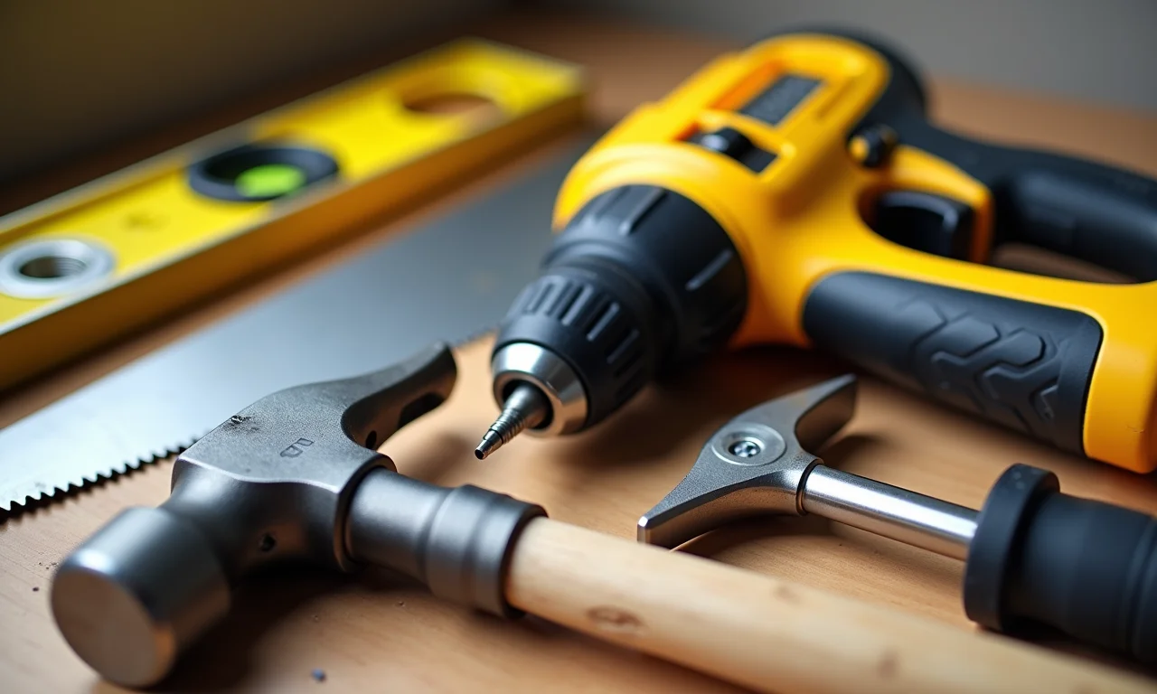 Ferramentas essenciais para construir casinha infantil: martelo, serra, furadeira.