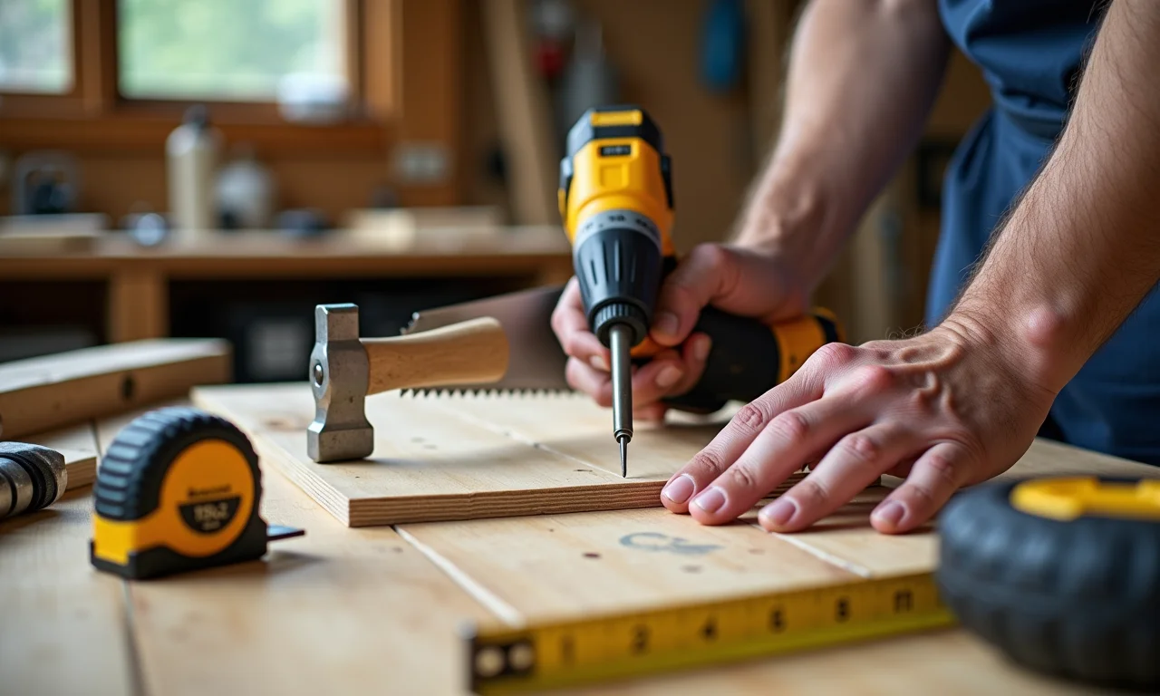 Ferramentas essenciais para construir espreguiçadeira: serra, martelo, furadeira.