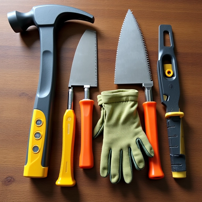 Ferramentas essenciais para construir sapateira de pallet organizadas em mesa de madeira.